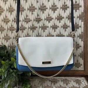 Kate Spade New York Saffiano Leather Flap Crossbody Blue Cream Gold Chain